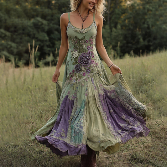 Vintage Classy Gradient Purple Lavender And Floral Embroidered Linen Suspender Long Dress artswardrobe