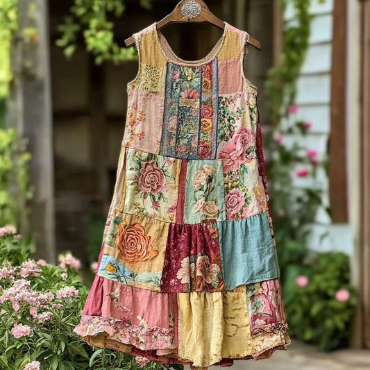 Women's Vintage Floral Pattern Patchwork Tank Midi Dress artswardrobe