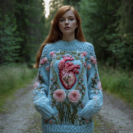 Comstylish Women's Halloween Heart And Flower Art Embroidered Blue Round Neck Sweater
