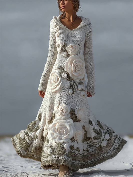 Comstylish Vintage White Roses Cozy Hooded Maxi Sweater Dress
