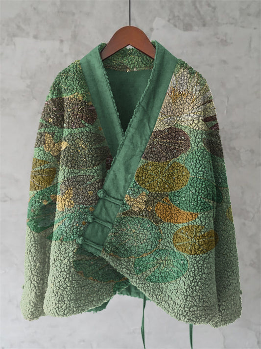 Comstylish Lotus Japanese Art Cozy Fleece Kimono Cardigan