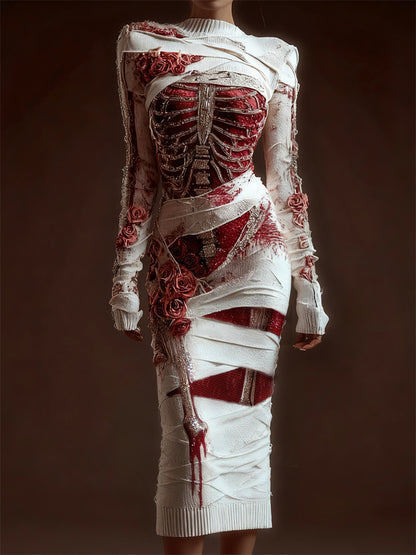 Comstylish Classy Skeleton Anatomy Bloody Roses Bandages Maxi Sweater Dress