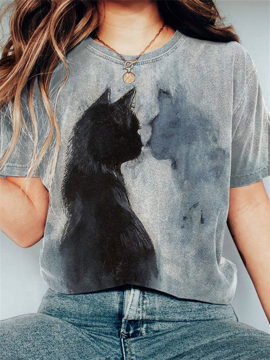 Comstylish Ink Painting Black Cat Print Vintage T-Shirt