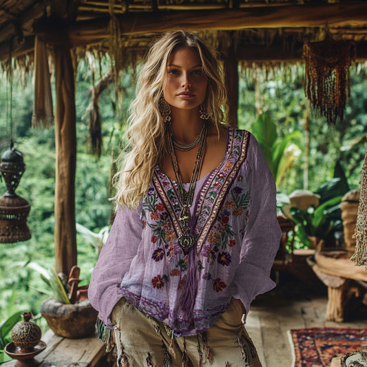 Vintage Bohemian Floral Embroidery Linen Blend Shirt artswardrobe