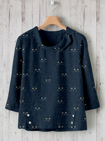 Cute Cat Face Pattern Linen Blend Cozy Tunic elevenforest