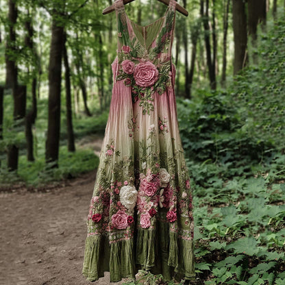 Vintage Classy Boho Gradient Pink Roses Embroidered Linen Maxi Dress artswardrobe