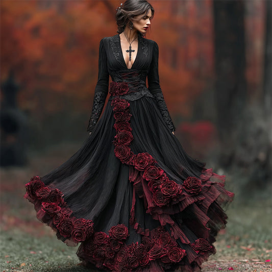 Comstylish Halloween Blood-red Rose Women's V-neck Flowing Maxi Dress