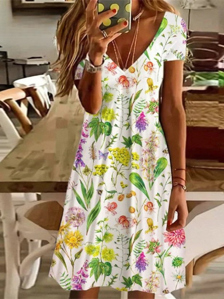 KS | Women's Sundress Midi Dress Short Sleeve Floral Print Summer Casual V Neck Loose Dresses Plus Size 2024 Women's Clothing Vestidos
