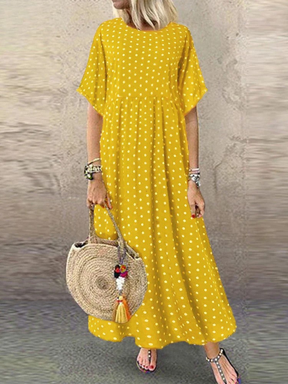 KS | Polka Dot Ladies Midi Dress Bohemian Vacation Short Sleeve O-Neck Long Robe Vintage Loose Casual A-line Vestidos Summer