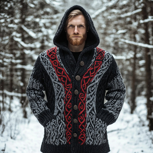 Men's Viking Celtic Knot Jacquard Hooded Button Sweater elevenforest