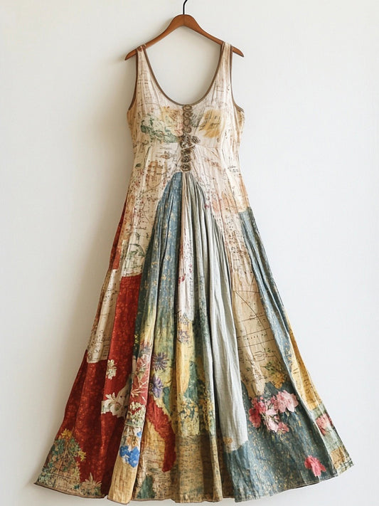 Retro Floral & Map Patchwork Linen Tank Dress artswardrobe