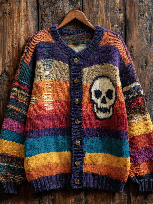 Halloween Skull Embroidered Colorful Striped Cozy Cardigan artswardrobe