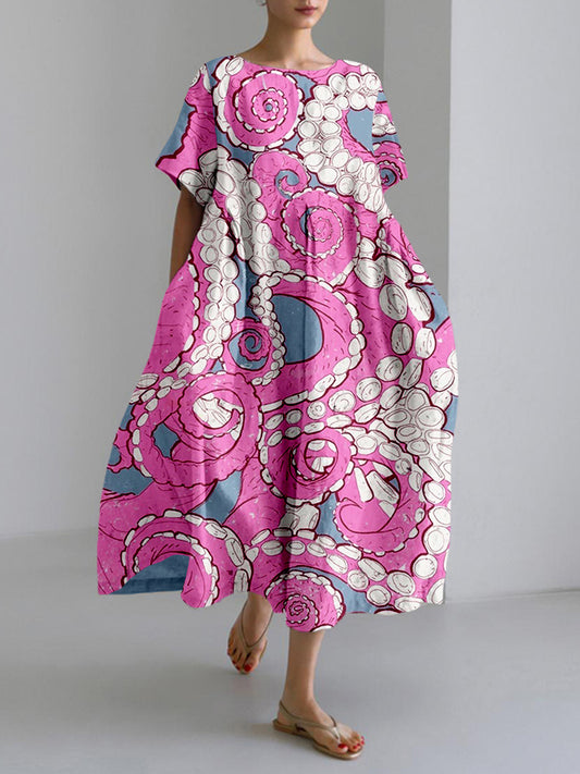 Comstylish Octopus Tentacles Pattern Linen Blend Maxi Dress