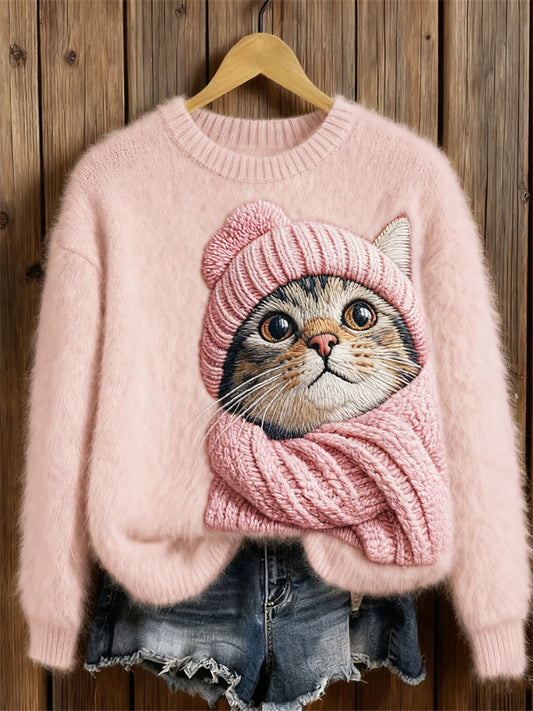 Cozy Cat Embroidered Pink Knit Sweater elevenforest