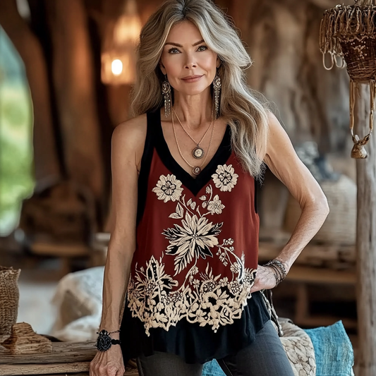 Vintage Floral Print V-neck Sleeveless Tank Top artswardrobe