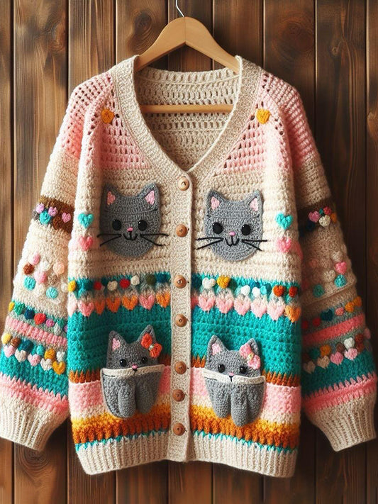 Cute Cats Pattern Multicolor Soft Crochet Cardigan artswardrobe