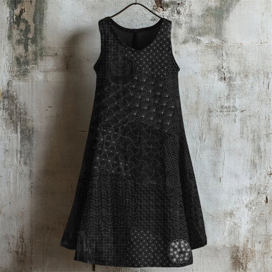 Comstylish Japanese Traditional Sashiko Art Linen Midi Dress