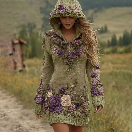 Comstylish Classy Gradient Purple Lavender And Floral Art Cozy Knit Mini Hooded Dress