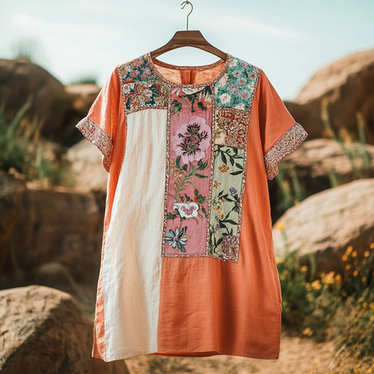 Comstylish Women's Vintage Tribal Floral Art Cotton And Linen Shirt