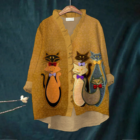 Elegant Cat Embroidery Women's Ruffle Neck Trim Linen Shirt artswardrobe