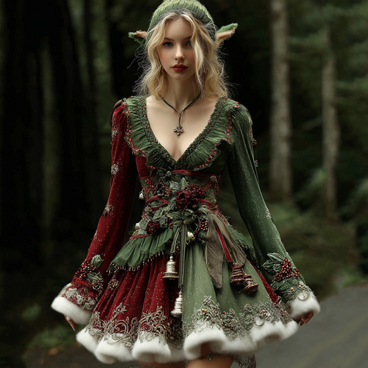 Comstylish Women's Christmas Holly Leaves And Berries Patchwork Midi Dress