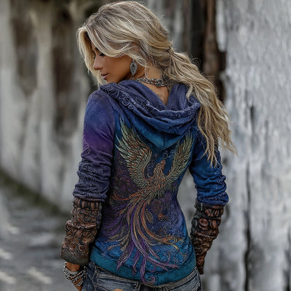 Comstylish Women's Viking Mythology Phoenix Embroidery Comfortable Warm V-neck Hoodie