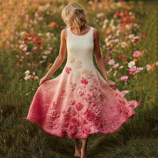 Stylish Pink Floral Embroidered Cozy Linen Tank Maxi Dress artswardrobe