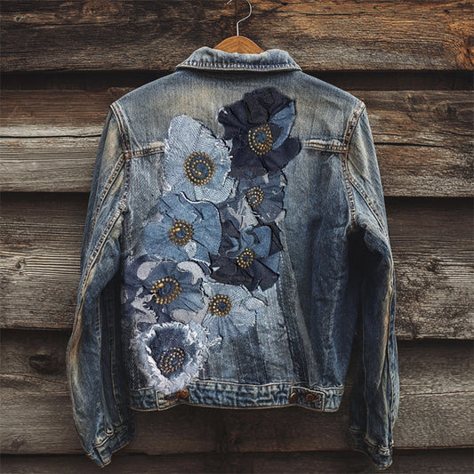 Comstylish Vintage Flowers Fiber Art Patchwork Denim Jacket