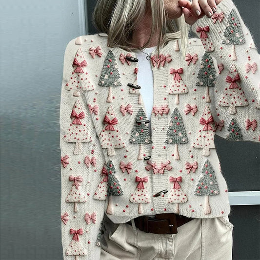 Vintage Christmas Tree Print Button Up Sweater Cardigan elevenforest