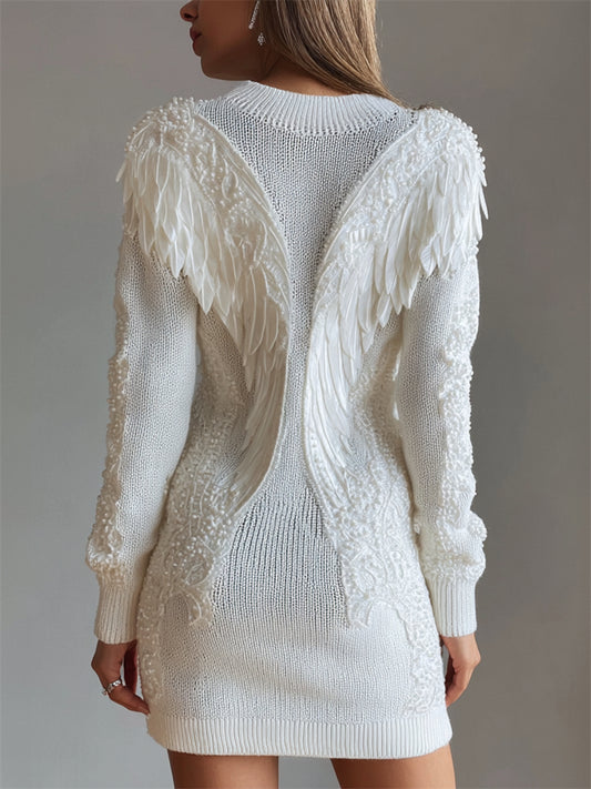 Christian Classy Angel Wings Pearls Beaded Cozy Knit Sweater Dress