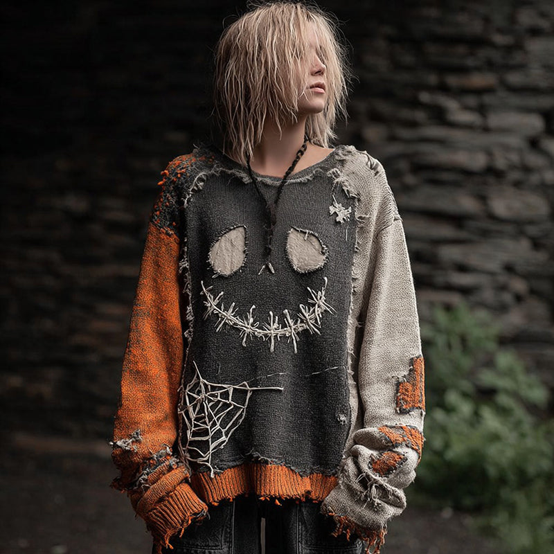 Halloween Spooky Face Patchwork Design Cozy Knit Sweater artswardrobe