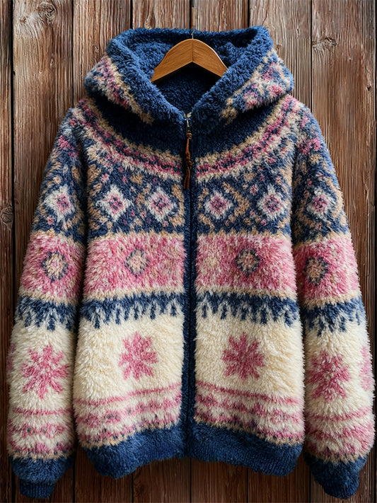 Vintage Snowflakes Contrast Isle Cozy Hooded Fleece Jacket