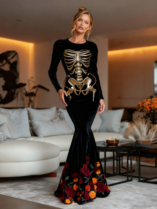 Comstylish Women's Vintage Mariachi Day Of The Dead Skeleton Bones Art Velvet Maxi Dress