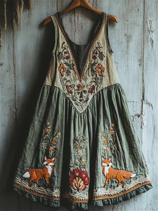 Vintage Fox Floral Embroidered Patchwork Linen Dress artswardrobe