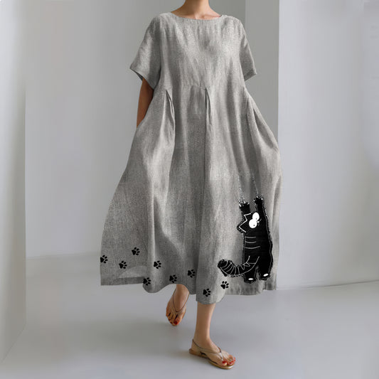 Stretching Cat & Paw Prints Embroidered Linen Blend Maxi Dress elevenforest