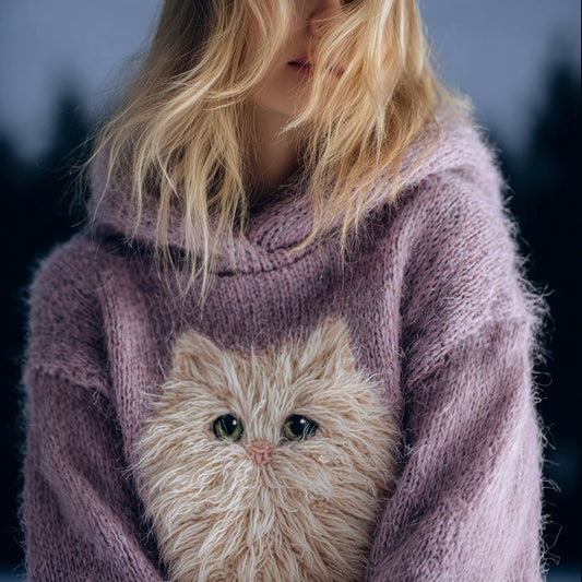 Cute Fuzzy Cat Embroidered Cozy Hooded Sweater elevenforest