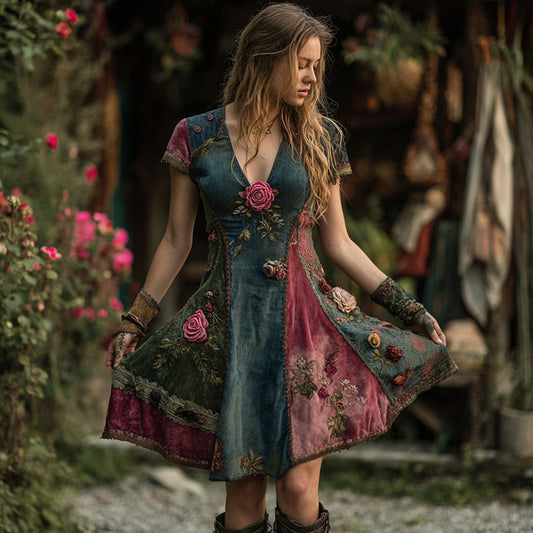 Women's Vintage Bohemian Floral Patchwork Short-sleeved Dress elevenforest