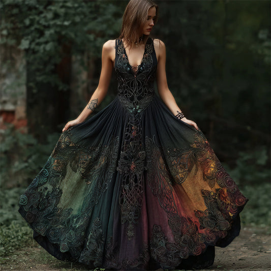 Comstylish Vintage Mystical Rainbow Gradient Dark Celtic Embroidered Maxi Dress