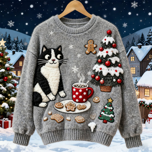 Comstylish Christmas Cute Felt Cat Art Women's Knit Sweater