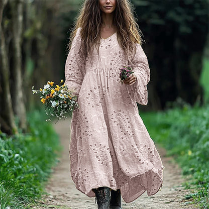 Vintage Western Paisley Floral Embroidered Lace Flowy Linen Dress artswardrobe