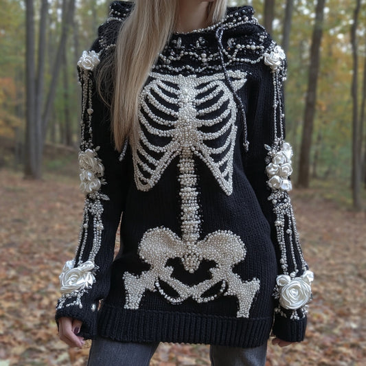 Comstylish Women's Halloween Skull Floral Cozy Knit Hooded Sweater