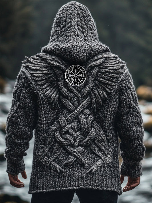 Men's Viking Vegvisir Dragon Wings Celtic Chunky Hooded Cardigan elevenforest