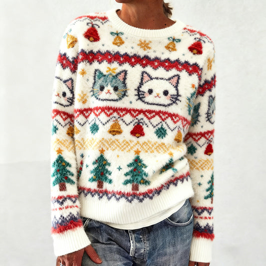 Comstylish Christmas Cat Tifany's Island Knitted Crew Neck Sweater