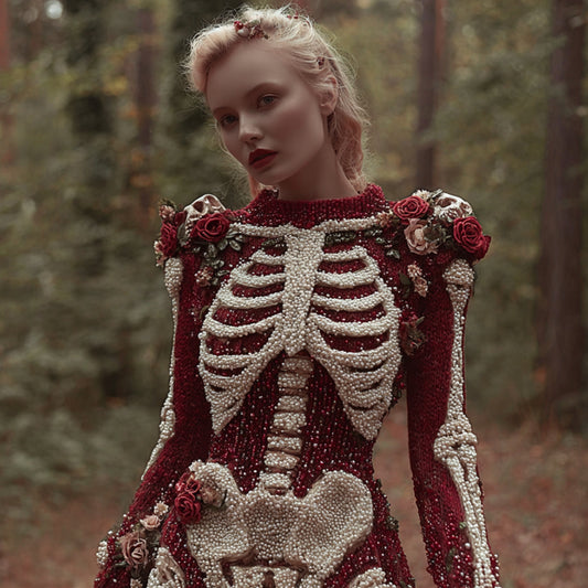 Comstylish Elegant Skull And Bloody Rose Round Neck Sweater