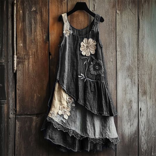 Flowers Denim Textile Lace Layered Tank Dress artswardrobe