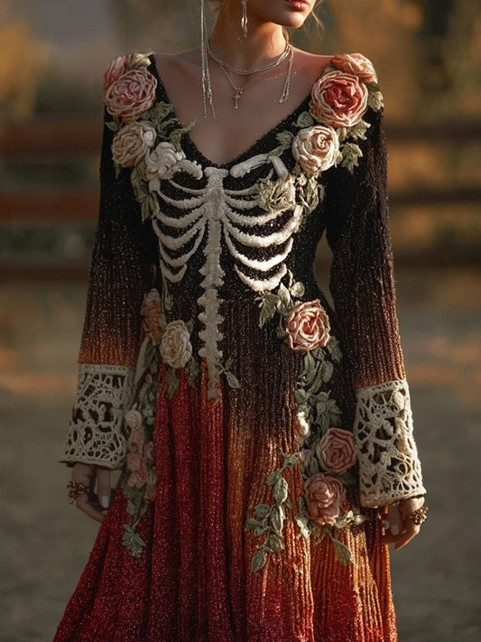 Comstylish Vintage Skeleton Roses Glitter Gradient Cozy Maxi Dress