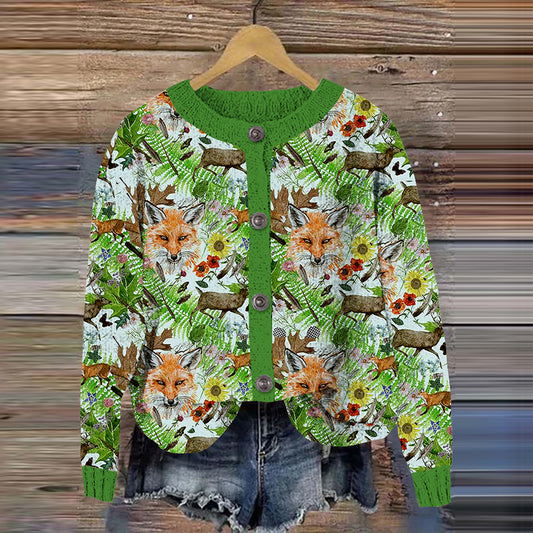Women's Outdoor Fox Print Cardigan Sweater artswardrobe