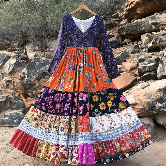 Women's Vintage Polka Dot And Floral Patchwork Long Sleeve Dress artswardrobe