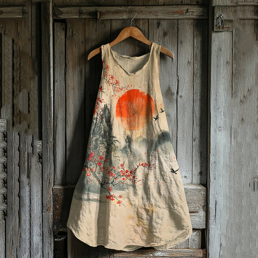 Vintage Art Of Japanese Landscape With Birds And Cherry Blossom Art Linen Tank Dress artswardrobe