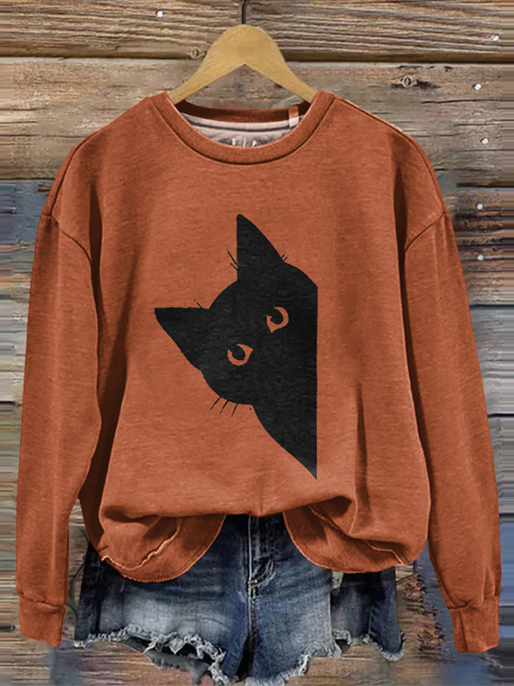 Women's Peek-A-Boo Black Cat Printed Sweatshirt elevenforest